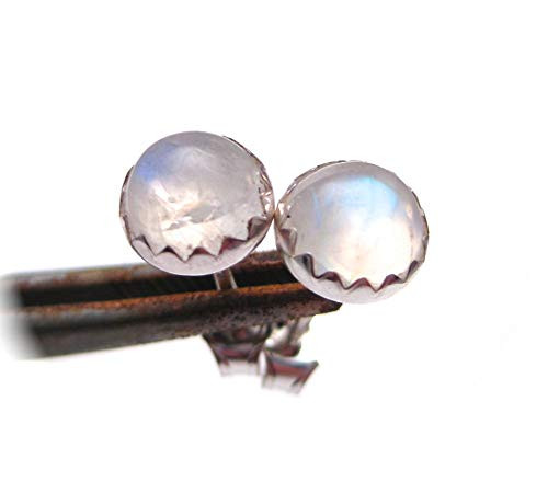 Rainbow Moonstone Earrings Studs Sterling Silver 6mm Round