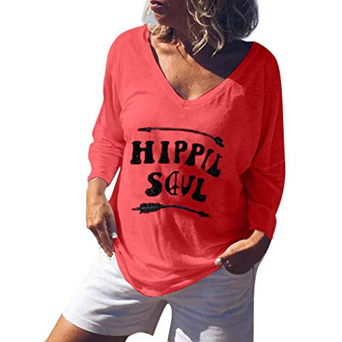 YAnGSale Top Women Shirt Long Sleeve Blouse Hippie Soul Letter Print Pullover T-Shirt V-Neck Tops -Red  S-