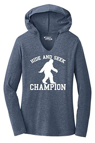 Ladies Hoodie Shirt Hide  and  Seek Champion Funny Sasquatch Bigfoot Graphic Tee Navy Frost M