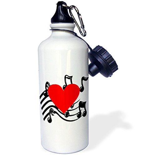 3dRose wb_38293_1 "Large Red Heart On Music Notes" Sports Water Bottle, 21 oz, White