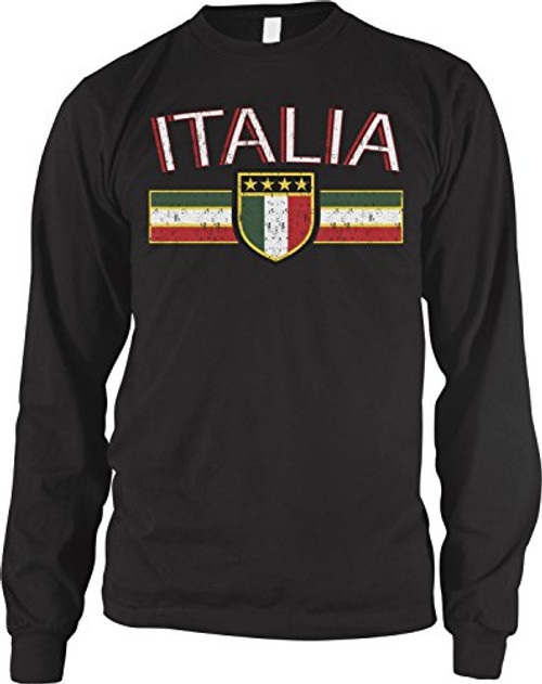 Amdesco Men_s Italia Flag and Shield  Italy Italian Pride Long Sleeve Shirt  Black XL