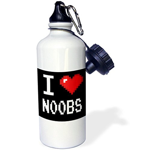 3dRose wb_118917_1 "Geeky Old School Pixelated Pixels 8-Bit I Heart I Love N00bs Noobs" Sports Water Bottle, 21 oz, White
