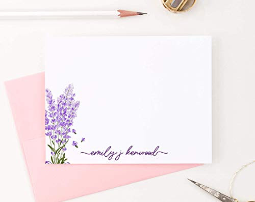 Lavender Personalized Stationary for Women  Elegant Personalized Floral Stationery with Envelopes  FLAT NOTE CARDS  Spring Personalized Womens Note Cards  Your choice of Colors and Quantity