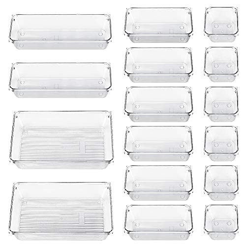16 Pcs Desk Drawer Organizer Set 4-Size Trays Plastic Makeup Organizers Silverware Storage Drawers Dividers Bins for Dresser Bathroom Vanity Utensil Tray Kitchen Office-Clear-
