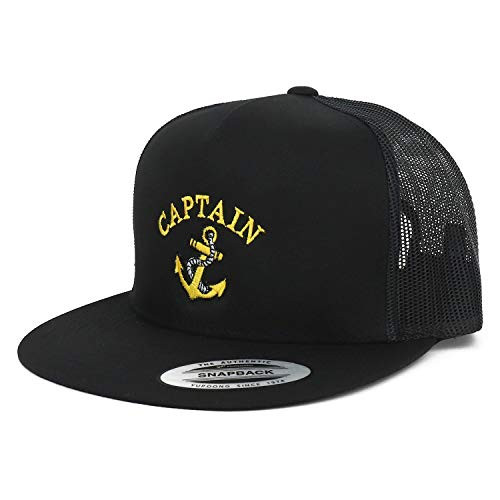Armycrew Flexfit Oversize XXL Captain Anchor Logo Embroidered 5 Panel Flatbill Snapback Mesh Cap - Black - 2XL