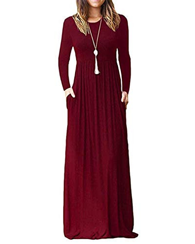 Kidsform Women_s Long Sleeve Loose Plain Maxi Dress Solid Casual Long Dress with Pockets Wine Red XL