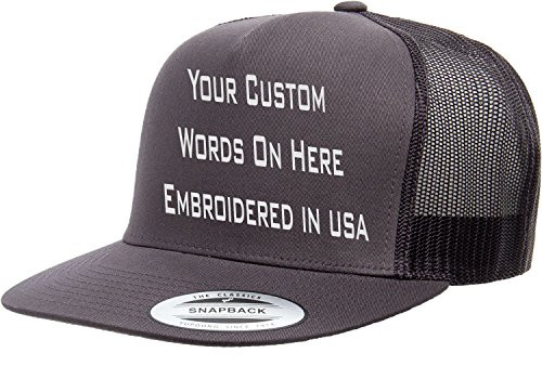 Custom Flat Bill Trucker Snapback Hat Yupoong 6006 Embroidered Your Own Text -Charcoal Flatbill Trucker-