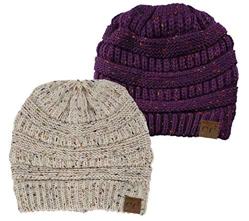 Confetti Knit Beanie Bundle - Purple  Oatmeal -2 Pack-