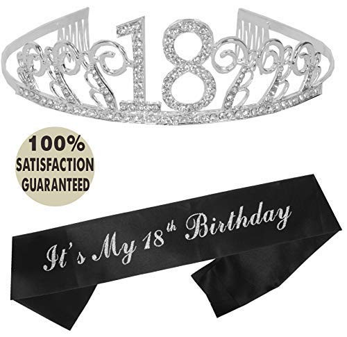 18th Birthday Tiara and Sash | Happy 18th Birthday Party Supplies | Its My 18th Birthday Glitter Satin Sash and Crystal Tiara Birthday Crown for 18th Birthday Party Supplies and Decorations
