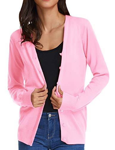 GRACE KARIN Womens Button Down V-Neck Stretch Knit Cardigan Sweater -XL Pink-