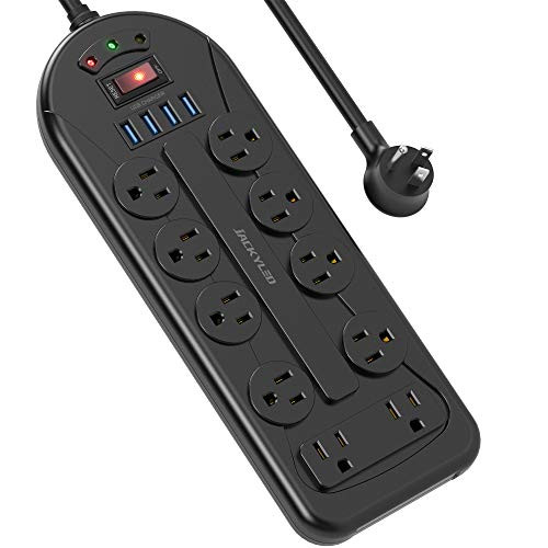 JACKYLED 10 Outlets Surge Protector Power Strip with 45Angle Flat Plug Wall Mountable Outlet Strip Power Extension Cord with 10 AC 4 USB 6 Ft Heavy Duty Cord for Computer Smartphone Tablet Black JACKYLED 10 Outlets Surge Protector Power Strip with 45Angle Flat Plug Wall Mountable Outlet Strip Power Extension Cord with 10 AC 4 USB 6 Ft Heavy Duty Cord for Computer Smartphone Tablet Black