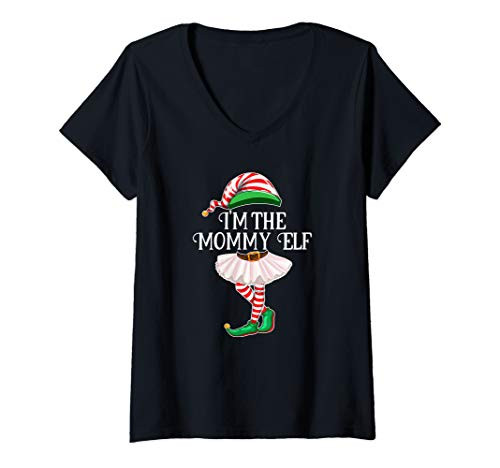 Womens I_m the Mommy Elf Matching Family Pajamas Christmas Gift V-Neck T-Shirt