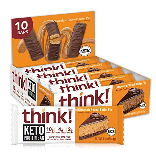 think Keto Protein Bars - Chocolate Peanut Butter Pie  10g Protein  2g Sugar  No Artificial Sweeteners  Gluten Free  GMO Free*  1.4 oz bar -10 Count - packaging may vary-