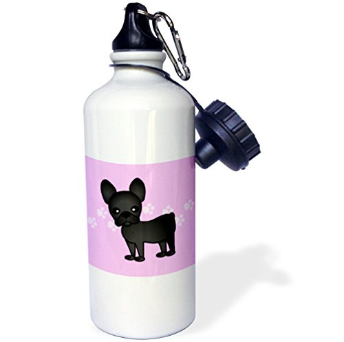 3dRose wb_25319_1 "Cute Black Brindle French Bulldog Pink with Pawprints" Sports Water Bottle, 21 oz, White