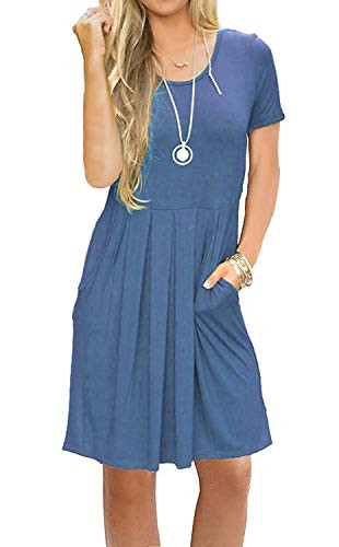 AUSELILY Women_s Solid Plain Short Sleeve Pleated Loose Swing Casual Dress with Pockets Medium Blue Grey Blue Knee Length -XS 01A-Beja Blue-