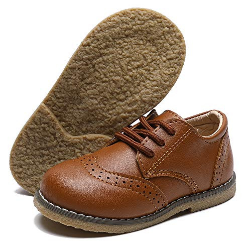 TIMATEGO Toddler Boys Girls Oxford Shoes PU Leather Lace Up School Loafer Flats Baby Infant Uniform Dress Shoes-Toddler Little Kid- 5 Toddler  01 Brown