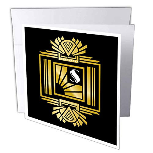 3dRose Russ Billington Art Deco Monograms - Art Deco Monogram Letter S- Gold Effect and White on Black Background - 6 Greeting Cards with envelopes -gc_241222_1-