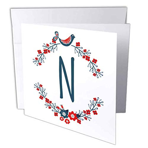 3dRose Monogram Initial Letter N with a red and Blue Floral Wreath. - Greeting Cards -gc_336881_1-