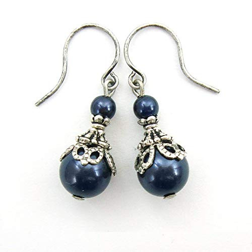 Midnight Blue Swarovski Crystal Simulated Pearl Victorian Style Earrings Midnight Blue Swarovski Crystal Simulated Pearl Victorian Style Earrings