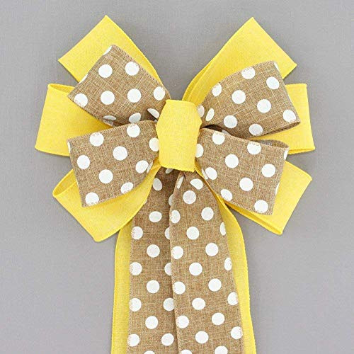 Yellow Rustic Natural Polka Dot Wreath Bow with Color Options
