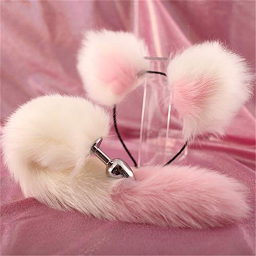 Pink  and  White Three Sizes Fluffy Faux Fox Tail  and  Cat Ears Headband Charms Role Play Costume Party Masquerade Cosplay Prop -White  and  Pink 2  S-