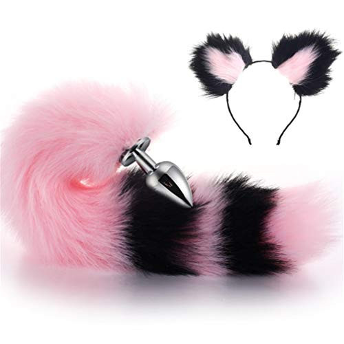 Pink  and  Black Color Interval Three Sizes Fluffy Faux Fox Tail  and  Cat Ears Headband Charms Role Play Costume Party Cosplay Prop -S-