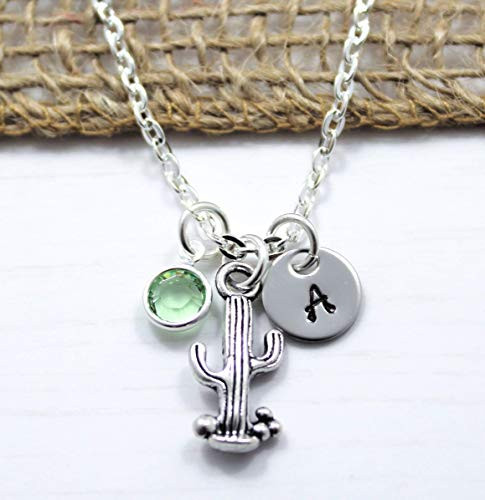 Cactus Necklace - Cute Small Silver Cactus Jewelry for Women and Girls - Cactus Themed Birthday Gift Ideas - Personalized Birthstone  Initial  Chain Length