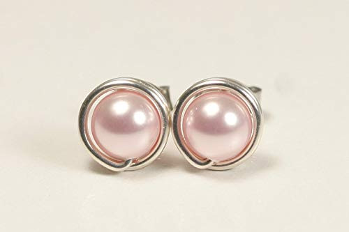 Light Pink Pearl Stud Earrings with Rosaline Swarovski Pearls Wire Wrapped Sterling Silver or Gold Filled