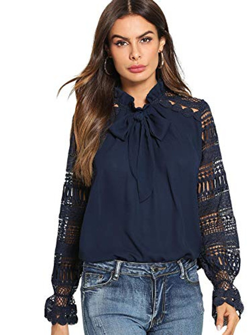 Floerns Women_s Long Sleeve Bow Tie Ruffle Collar Lace Chiffon Blouse Blue XL Floerns Women_s Long Sleeve Bow Tie Ruffle Collar Lace Chiffon Blouse Blue XL