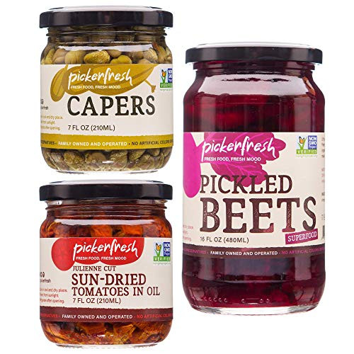 Pickerfresh Salad Toppings Bundle - Sun-Dried Tomatoes -7 Fl Oz-  Pickled Beets -16 Fl Oz-  and  Fire Roasted Red Peppers -16 Fl Oz- - Non-GMO  and  Gluten Free - Premium Salad Garnish