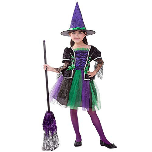 Girls Witch Costume-Child Kids Halloween Christmas Party Witch Cosplay Dress With Hat -S-