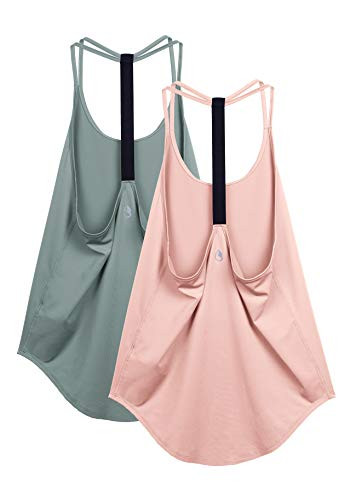 icyzone Workout Tank Tops for Women - Athletic Yoga Tops  T-Back Running Tank Top-Pack of 2- -XL  Dusk Blue Pale Blush-