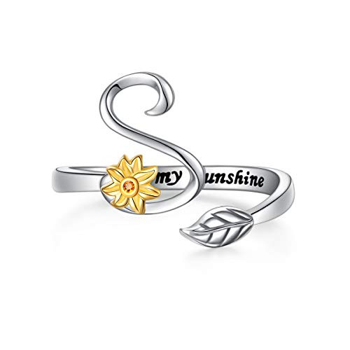 Sterling Silver Gold Tone Sunflower Initial 26 Letter Script Name Alphabet A to Z Resizable Ring for Size 5-9 -S-