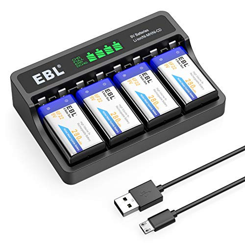 EBL LCD 9V Battery Charger for 9 Volt Li-ion Ni-MH Ni-CD Rechargeable Batteries  with 4 Packs 280mAh 9V Ni-MH Rechargeable Batteries