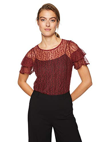 BCBGeneration Women_s Cross Back Ruffle Sleeve-TEE  Ruby Wine  XS