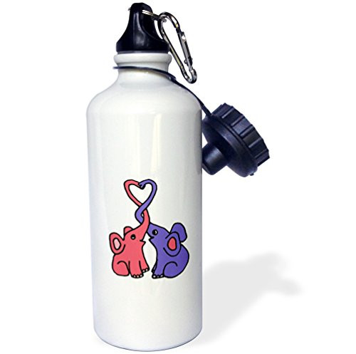 3dRose wb_200145_1 Cute Blue And Pink Elephants With Trunks Intertwined And Heart Sports Water Bottle, 21Oz, Multicolored