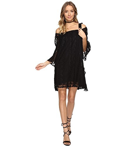 Jack by BB Dakota Women_s Denney Embroidered Mesh Fringe Off Shoulder Dress  Black  Small
