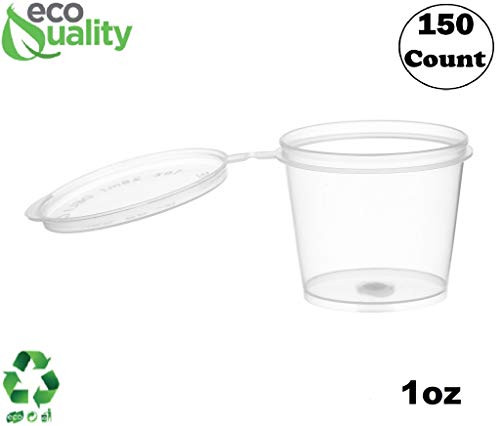 EcoQuality -150 Pack- 1 Oz Leak Proof Plastic Condiment Souffle Containers with Attached Lids - Portion Cup with Hinged Lid Perfect for Sauces  Samples  Slime  Jello Shot  Food Storage  and  More