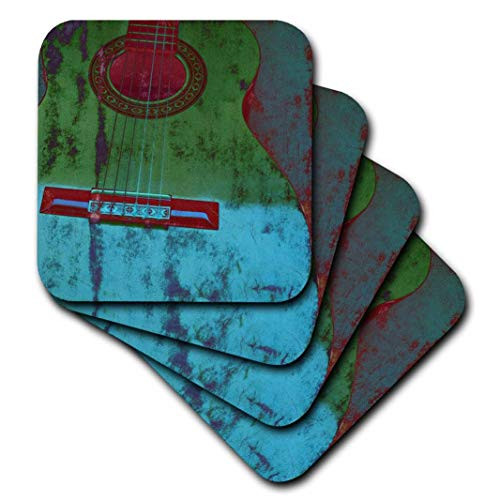 3dRose CST_29324_3 Green and Aqua Guitar Musical Instruments Ceramic Tile Coasters (Set of 4)