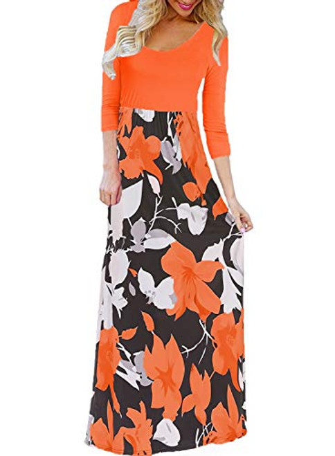 Bluetime Women_s Summer Floral Print Elegant Maxi Long Dress with Sleeves Casual Maternity Dresses Orange?XL