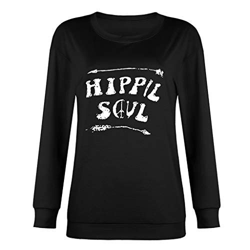 YAnGSale Top Women Sweatshirt Hippie Soul Print Pullover O-Neck Long Sleeve Guard Blouse -Black  S-