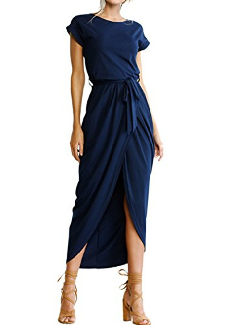 YMING Womens Elegant Slit Dress Comfy Maxi Dress Short Sleeve Dress Navy Blue XS YMING Womens Elegant Slit Dress Comfy Maxi Dress Short Sleeve Dress Navy Blue XS