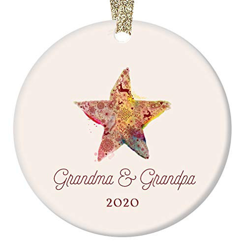 Grandma  and  Grandpa Ornament 2020 First Christmas as Grandmom  and  Grandpop New Grandparents Porcelain Ornament  3inch  Flat Circle Christmas Ornament Glossy Glaze  Gold Ribbon  and  Gift Box - OR00125 O_Keeffe