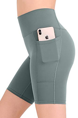 FANDIMU Womens Pocket Run High Waist Compression Biker Shorts Tummy Control Athletic Workout Yoga Shorts Green S