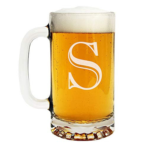 Etched Monogram 16oz Glass Beer Mug -Letter S-