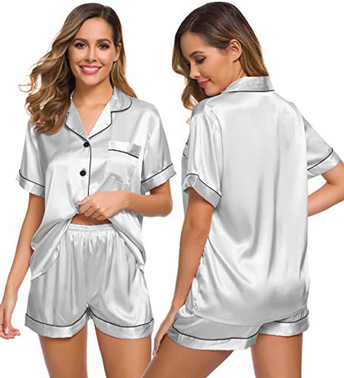 SWOMOG Womens Silk Satin Pajamas Set Two-Piece Pj Sets Sleepwear Loungewear Button-Down Pj Sets Grey SWOMOG Womens Silk Satin Pajamas Set Two-Piece Pj Sets Sleepwear Loungewear Button-Down Pj Sets Grey