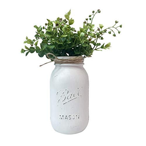 White  Hand Painted and Distressed  Mason Jar Centerpiece Quart  32 oz  Ball Mason Jar With Artificial Flowers  Eucalyptus Greenery  Rustic Wedding Centerpiece  Rustic Farmhouse Style