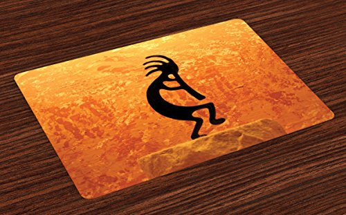 Lunarable Kokopelli Place Mats Set of 4, Kokopelli Southwestern Style Native American Eastern Ancient Belief Picture Art, Washable Fabric Placemats for Dining Room Kitchen Table Decor, Orange Black