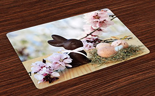 Lunarable Easter Place Mats Set of 4, Chocolate Bunny with Pink Japanese Cherry Blossom Tree Branches on Oak Table Picture, Washable Fabric Placemats for Dining Room Kitchen Table Decoration, Multi Lunarable Easter Place Mats Set of 4, Chocolate Bunny with Pink Japanese Cherry Blossom Tree Branches on Oak Table Picture, Washable Fabric Placemats for Dining Room Kitchen Table Decoration, Multi
