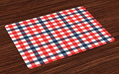 Lunarable Vintage Place Mats Set of 4, Checkered Gingham Plaid Pattern Traditional Scottish Tartan Classic Retro, Washable Fabric Placemats for Dining Room Kitchen Table Decor, Navy Blue Red White